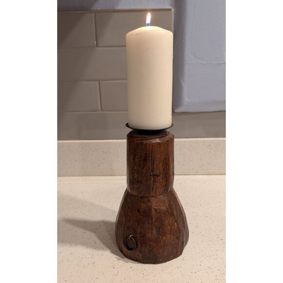 Hand-Carved Wooden Candle Holder with Metal Accent Rustic - Picture 2 of 16